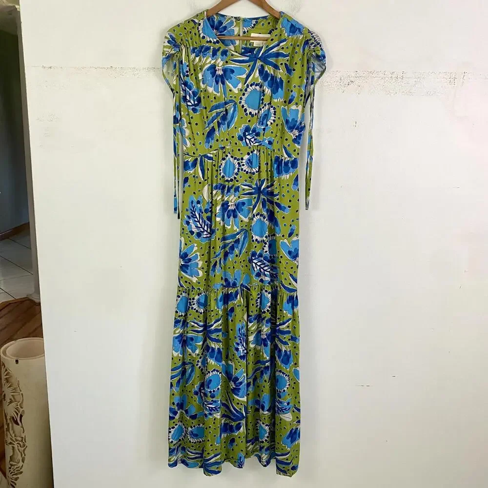 ANTHROPOLOGIE blue green floral maxi dress sz S - Picture 2 of 6